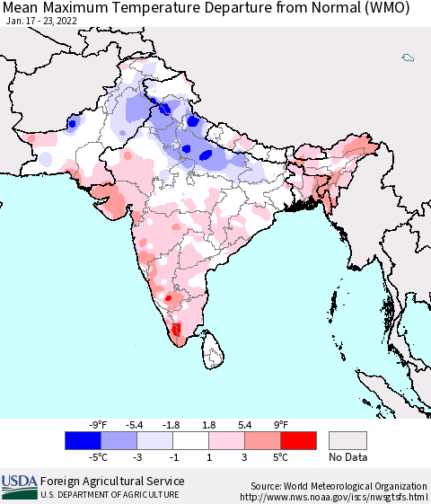 Southern Asia Mean Maximum Temperature Departure from Normal (WMO) Thematic Map For 1/17/2022 - 1/23/2022