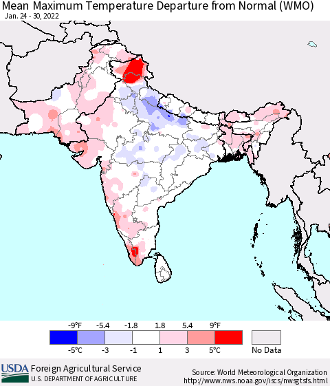 Southern Asia Mean Maximum Temperature Departure from Normal (WMO) Thematic Map For 1/24/2022 - 1/30/2022