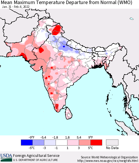 Southern Asia Mean Maximum Temperature Departure from Normal (WMO) Thematic Map For 1/31/2022 - 2/6/2022