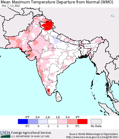 Southern Asia Mean Maximum Temperature Departure from Normal (WMO) Thematic Map For 2/7/2022 - 2/13/2022
