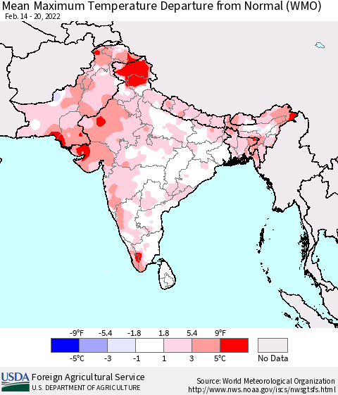 Southern Asia Mean Maximum Temperature Departure from Normal (WMO) Thematic Map For 2/14/2022 - 2/20/2022