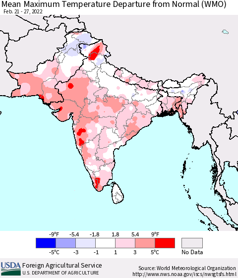 Southern Asia Mean Maximum Temperature Departure from Normal (WMO) Thematic Map For 2/21/2022 - 2/27/2022
