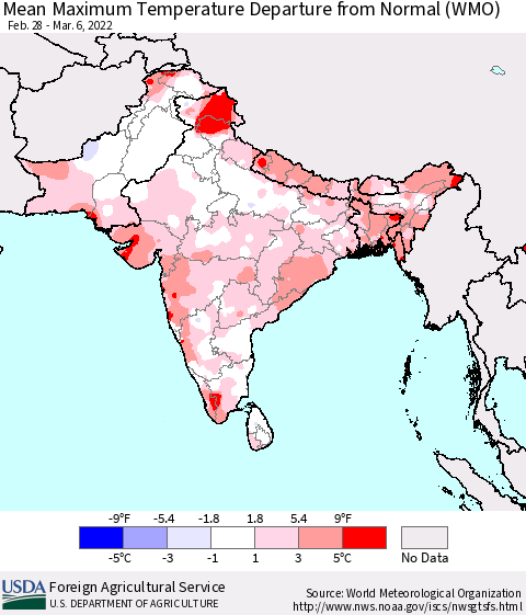 Southern Asia Mean Maximum Temperature Departure from Normal (WMO) Thematic Map For 2/28/2022 - 3/6/2022
