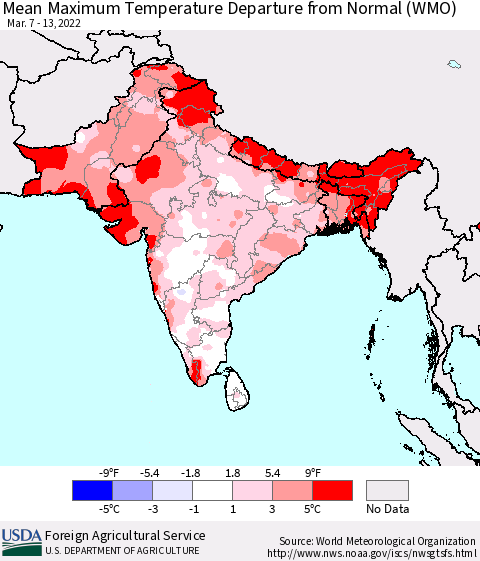 Southern Asia Mean Maximum Temperature Departure from Normal (WMO) Thematic Map For 3/7/2022 - 3/13/2022