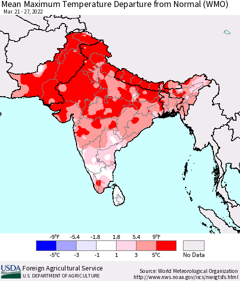 Southern Asia Mean Maximum Temperature Departure from Normal (WMO) Thematic Map For 3/21/2022 - 3/27/2022
