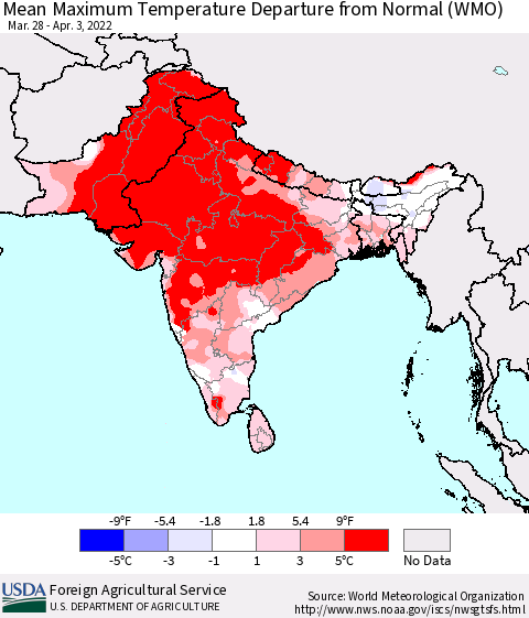 Southern Asia Mean Maximum Temperature Departure from Normal (WMO) Thematic Map For 3/28/2022 - 4/3/2022
