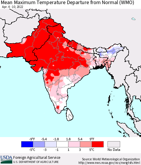 Southern Asia Mean Maximum Temperature Departure from Normal (WMO) Thematic Map For 4/4/2022 - 4/10/2022