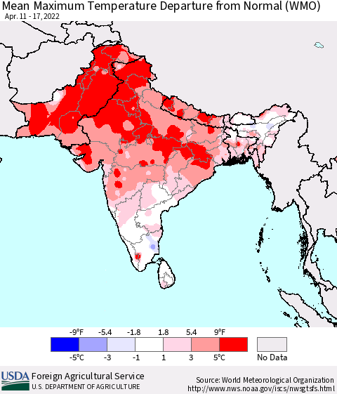Southern Asia Mean Maximum Temperature Departure from Normal (WMO) Thematic Map For 4/11/2022 - 4/17/2022