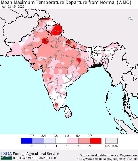 Southern Asia Mean Maximum Temperature Departure from Normal (WMO) Thematic Map For 4/18/2022 - 4/24/2022