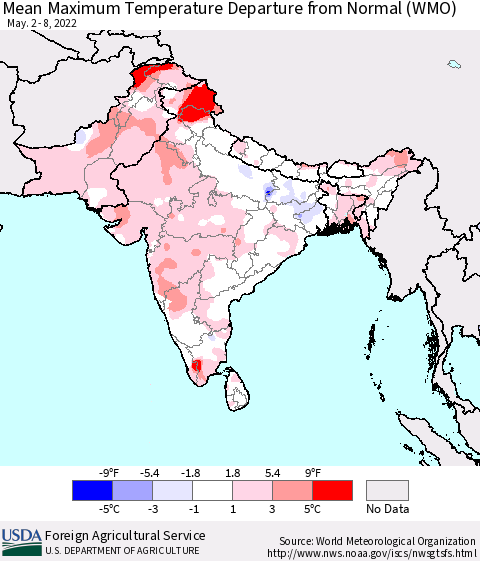 Southern Asia Mean Maximum Temperature Departure from Normal (WMO) Thematic Map For 5/2/2022 - 5/8/2022
