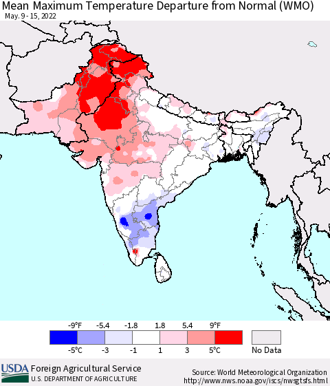Southern Asia Mean Maximum Temperature Departure from Normal (WMO) Thematic Map For 5/9/2022 - 5/15/2022