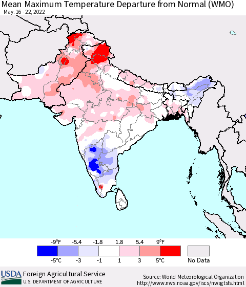 Southern Asia Mean Maximum Temperature Departure from Normal (WMO) Thematic Map For 5/16/2022 - 5/22/2022