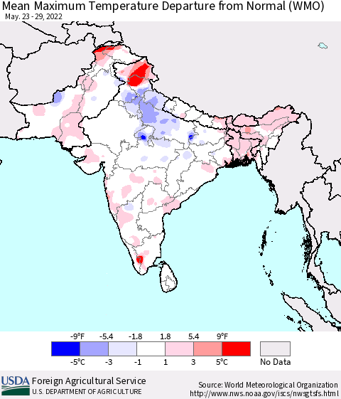 Southern Asia Maximum Temperature Departure From Normal (WMO) Thematic Map For 5/23/2022 - 5/29/2022