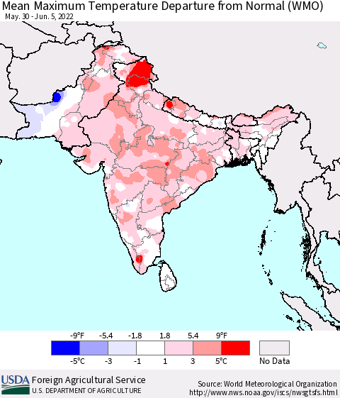Southern Asia Mean Maximum Temperature Departure from Normal (WMO) Thematic Map For 5/30/2022 - 6/5/2022