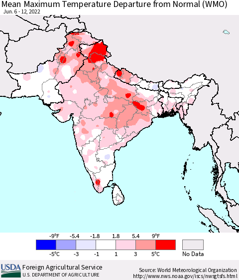 Southern Asia Mean Maximum Temperature Departure from Normal (WMO) Thematic Map For 6/6/2022 - 6/12/2022