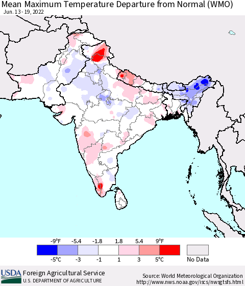 Southern Asia Mean Maximum Temperature Departure from Normal (WMO) Thematic Map For 6/13/2022 - 6/19/2022
