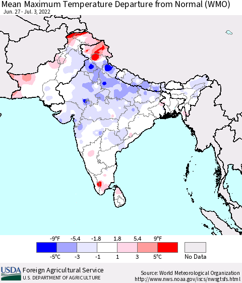 Southern Asia Mean Maximum Temperature Departure from Normal (WMO) Thematic Map For 6/27/2022 - 7/3/2022
