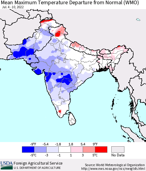 Southern Asia Mean Maximum Temperature Departure from Normal (WMO) Thematic Map For 7/4/2022 - 7/10/2022