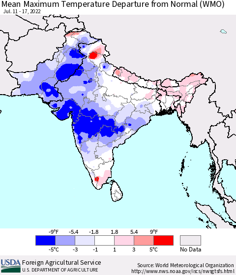 Southern Asia Maximum Temperature Departure From Normal (WMO) Thematic Map For 7/11/2022 - 7/17/2022