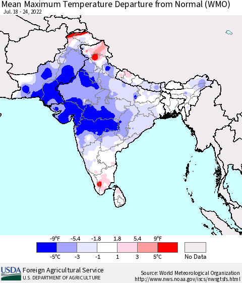 Southern Asia Mean Maximum Temperature Departure from Normal (WMO) Thematic Map For 7/18/2022 - 7/24/2022