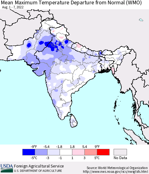 Southern Asia Mean Maximum Temperature Departure from Normal (WMO) Thematic Map For 8/1/2022 - 8/7/2022