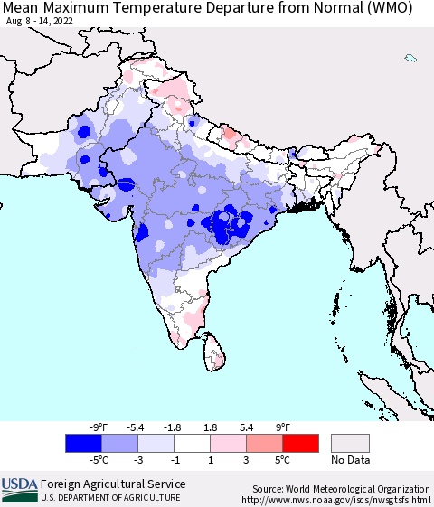 Southern Asia Mean Maximum Temperature Departure from Normal (WMO) Thematic Map For 8/8/2022 - 8/14/2022
