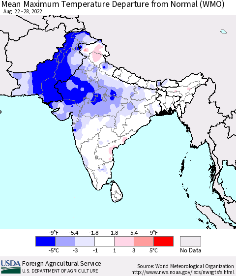 Southern Asia Mean Maximum Temperature Departure from Normal (WMO) Thematic Map For 8/22/2022 - 8/28/2022