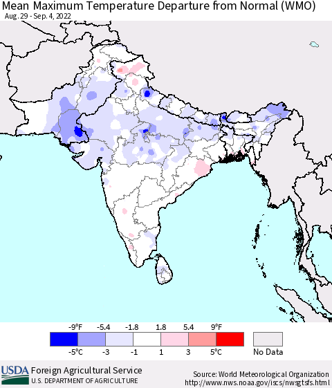 Southern Asia Mean Maximum Temperature Departure from Normal (WMO) Thematic Map For 8/29/2022 - 9/4/2022