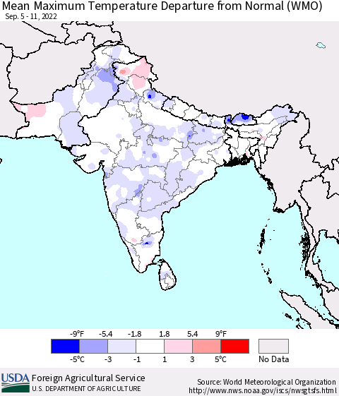 Southern Asia Mean Maximum Temperature Departure from Normal (WMO) Thematic Map For 9/5/2022 - 9/11/2022