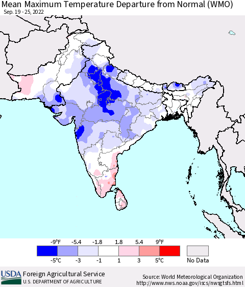 Southern Asia Mean Maximum Temperature Departure from Normal (WMO) Thematic Map For 9/19/2022 - 9/25/2022