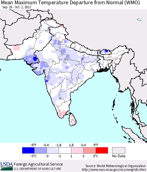 Southern Asia Mean Maximum Temperature Departure from Normal (WMO) Thematic Map For 9/26/2022 - 10/2/2022