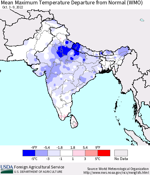 Southern Asia Mean Maximum Temperature Departure from Normal (WMO) Thematic Map For 10/3/2022 - 10/9/2022