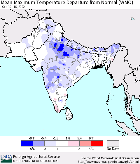 Southern Asia Mean Maximum Temperature Departure from Normal (WMO) Thematic Map For 10/10/2022 - 10/16/2022