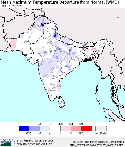 Southern Asia Mean Maximum Temperature Departure from Normal (WMO) Thematic Map For 10/17/2022 - 10/23/2022