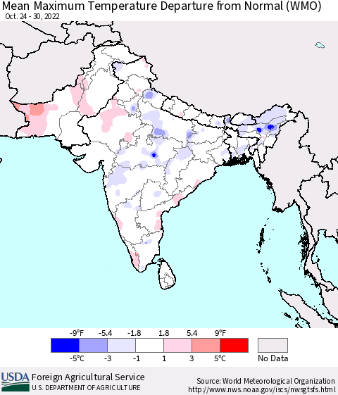 Southern Asia Mean Maximum Temperature Departure from Normal (WMO) Thematic Map For 10/24/2022 - 10/30/2022