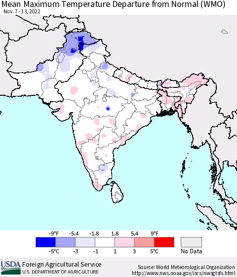 Southern Asia Mean Maximum Temperature Departure from Normal (WMO) Thematic Map For 11/7/2022 - 11/13/2022