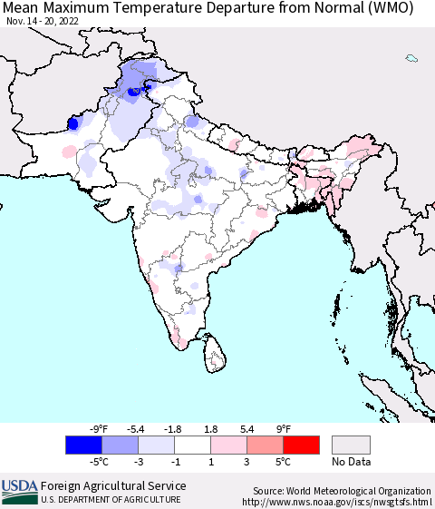 Southern Asia Mean Maximum Temperature Departure from Normal (WMO) Thematic Map For 11/14/2022 - 11/20/2022
