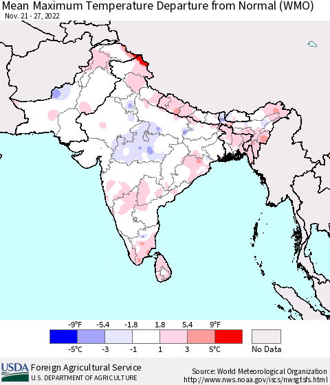 Southern Asia Mean Maximum Temperature Departure from Normal (WMO) Thematic Map For 11/21/2022 - 11/27/2022