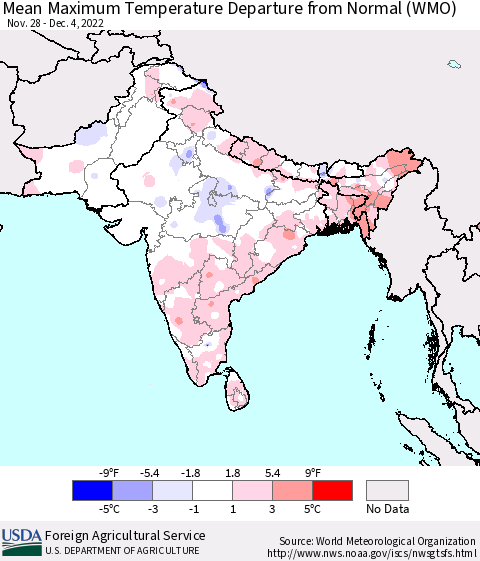 Southern Asia Mean Maximum Temperature Departure from Normal (WMO) Thematic Map For 11/28/2022 - 12/4/2022
