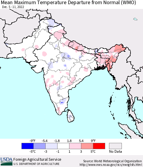 Southern Asia Mean Maximum Temperature Departure from Normal (WMO) Thematic Map For 12/5/2022 - 12/11/2022