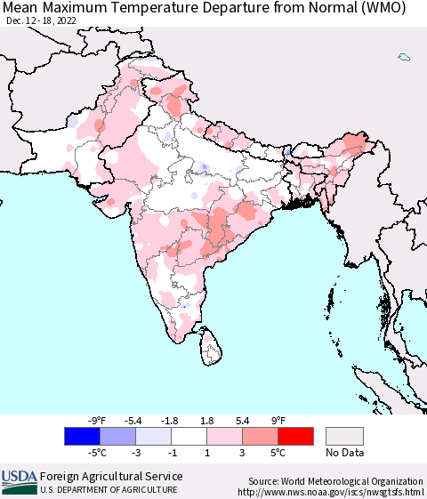 Southern Asia Mean Maximum Temperature Departure from Normal (WMO) Thematic Map For 12/12/2022 - 12/18/2022
