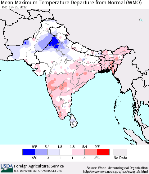 Southern Asia Mean Maximum Temperature Departure from Normal (WMO) Thematic Map For 12/19/2022 - 12/25/2022