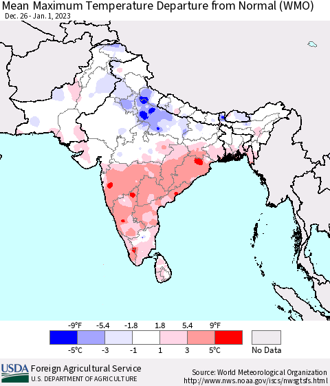 Southern Asia Mean Maximum Temperature Departure from Normal (WMO) Thematic Map For 12/26/2022 - 1/1/2023