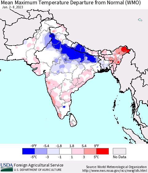 Southern Asia Mean Maximum Temperature Departure from Normal (WMO) Thematic Map For 1/2/2023 - 1/8/2023