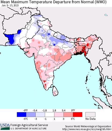 Southern Asia Mean Maximum Temperature Departure from Normal (WMO) Thematic Map For 1/9/2023 - 1/15/2023