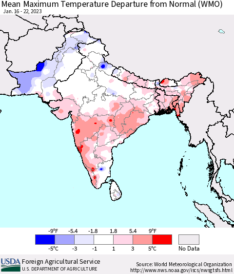 Southern Asia Mean Maximum Temperature Departure from Normal (WMO) Thematic Map For 1/16/2023 - 1/22/2023