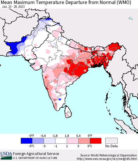 Southern Asia Mean Maximum Temperature Departure from Normal (WMO) Thematic Map For 1/23/2023 - 1/29/2023
