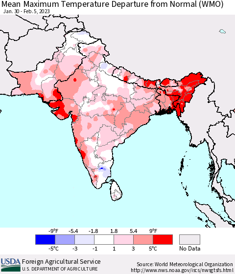 Southern Asia Mean Maximum Temperature Departure from Normal (WMO) Thematic Map For 1/30/2023 - 2/5/2023