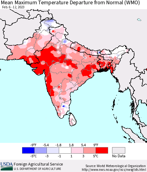 Southern Asia Mean Maximum Temperature Departure from Normal (WMO) Thematic Map For 2/6/2023 - 2/12/2023