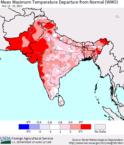Southern Asia Mean Maximum Temperature Departure from Normal (WMO) Thematic Map For 2/13/2023 - 2/19/2023